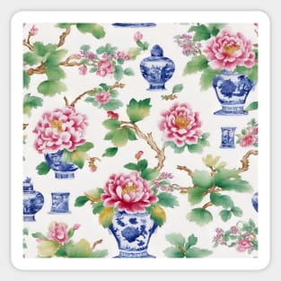 Peonies and chinoiserie jars pattern Sticker